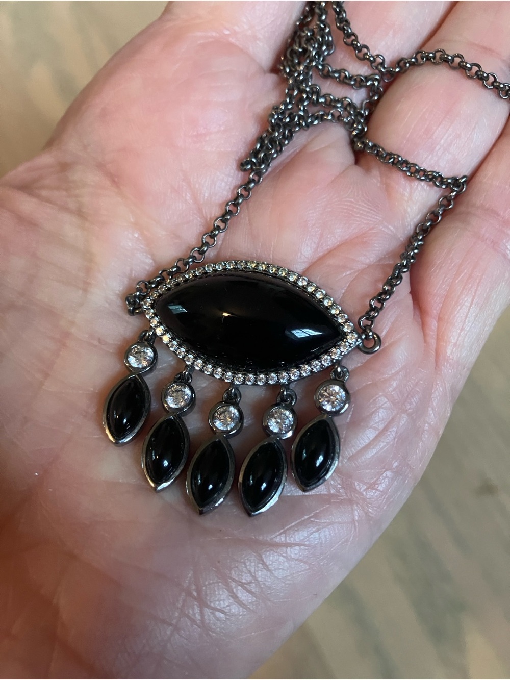 Black Marquise Pendant Necklace with Crystal Fringe